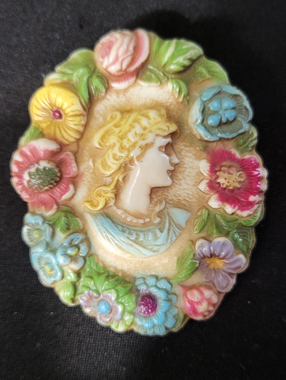 Antique Floral Celluloid Cameo Brooch